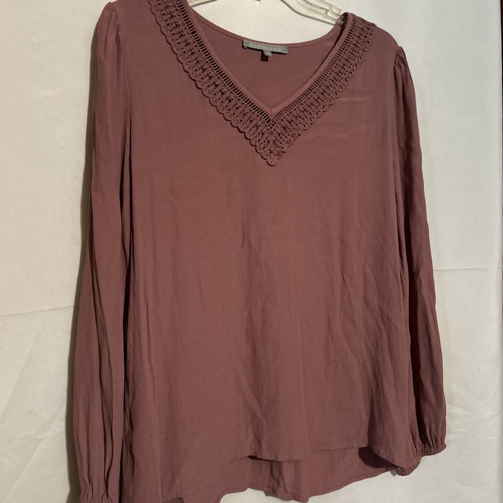 Daniel Rainn Pink Solid V-Neck Crochet Trim Long Sleeve Blouse Women's L